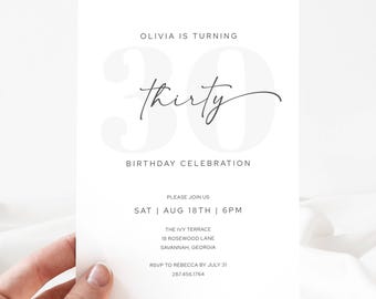 Minimal 30th Birthday Dinner Invite Digital, Black and White Birthday 30, Thirtieth Birthday Invitation Editable Printable Template, LLP191