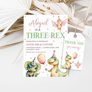 Pastel Dinosaur Birthday Invitation Girl Three Rex, 3rd Birthday Dinosaur Invite Template, Three Rex Birthday Pink Dino Digital, LLP160