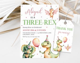 Pastel Dinosaur Birthday Invitation Girl Three Rex, 3rd Birthday Dinosaur Invite Template, Three Rex Birthday Pink Dino Digital, LLP160