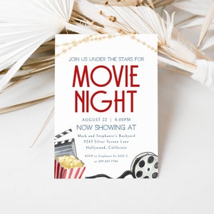 Movie Night Invitation. Join us Under the Stars. Film roll, Popcorn  and Clapper, Twinkly lights. Blue and Red Fonts and White Background. Print or send digitally. 5x7.