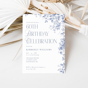 Blue Toile Birthday Invitation, Birthday Invitation for Women, 60th Birthday Invite Template, Dusty Blue Birthday Invite Editable, LLP108