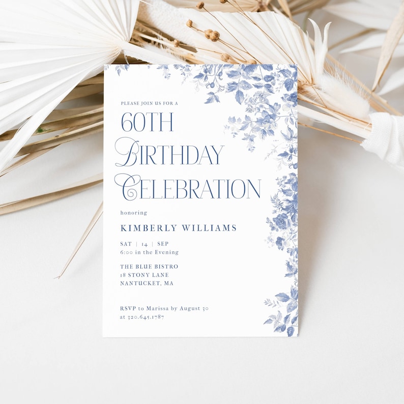 Blue Toile 60th Birthday Invitation. Dusty Blue Vintage Florals. Blue Font. White Background. Print or Send Digitally. 5x7 inches.