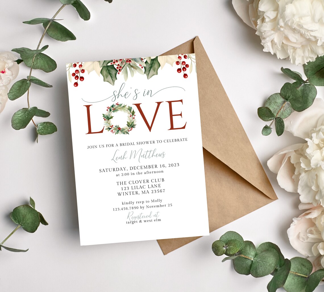 Christmas Bridal Shower Invitation, She's in Love, Holiday Shower ...