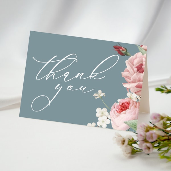 Thank You Card, Dusty Blue Bridal Shower Thank You Printable, Pastel Pink Rose, Instant Download, Floral Garden Wedding Template, LLP32