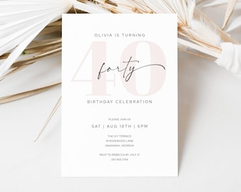 Minimal Beige 40th Birthday Party Invite, 40th Birthday Invite Modern, Forty Birthday Invite Editable Digital Template, LLP191