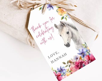 Horse Birthday Party Favor Tag, Editable Horse Favor Tags Printable Template, Saddle Up Favor Tag, Floral Equestrian Girl Party Tag, LLP102