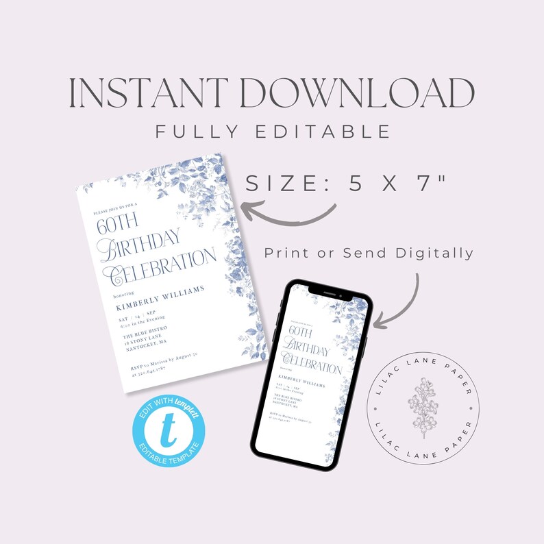 Blue Toile 60th Birthday Invitation. Dusty Blue Vintage Florals. Blue Font. White Background. Print or Send Digitally. 5x7 inches.