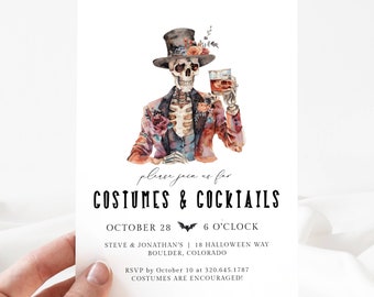 Costumes and Cocktails Halloween Party Invite, Adult Halloween Party Invite Editable, Costume Party Invite, Skeleton Halloween Party, LLP124
