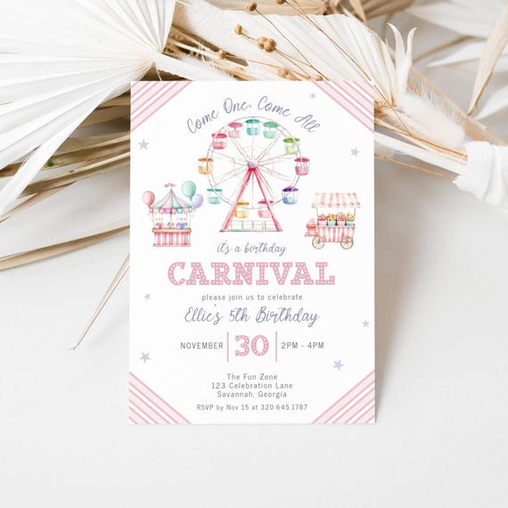 Pastel Carnival Invitation, Carnival Birthday Invite, Pink Birthday Invite Digital, Pastel Pink Girl Birthday Party, Circus Birthday, LLP175