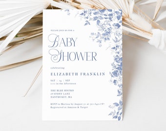 May include: A blue and white floral baby shower invitation with the text "Please join us for a Baby Shower celebrating Elizabeth Franklin, Sat 14 Sep 1:00 in the afternoon, The Blue Bistro 18 Stony Lane Nantucket, MA, RSVP to Marissa by August 30 at 120.641.1787, Registered at Amazon & Target".