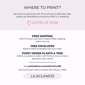 Puede incluir: Gr&aacute;fico promocional con el texto "WHERE TO PRINT?" y "prints of love". Destaca el env&iacute;o gratuito dentro de EE. UU., sobres gratuitos y la plantaci&oacute;n de un &aacute;rbol con cada pedido. Incluye un c&oacute;digo de cup&oacute;n para un 10% de descuento.