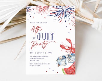 4th of July Party Invite Editable Digital Template, Fourth of July Cookout Fireworks, Independence Day Barbeque, LLP91