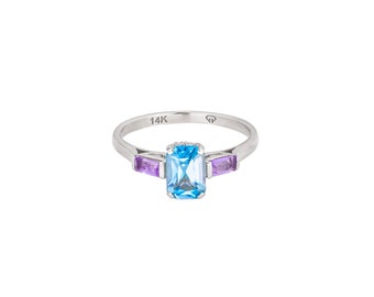 Octagon Topaz 14k Gold Ring  Trilogy Engagement Ring Sky  Blue Topaz Ring Casual Gold Ring 14k Gold  Topaz And Amethyst Ring