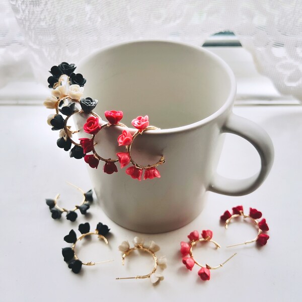 Handmade Polymer Clay Rose Hoop Earrings: Custom Colors