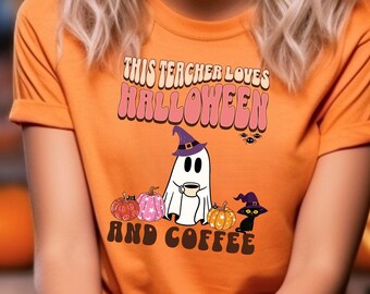 This Teacher Loves Halloween and Coffee T-Shirt, Teacher Shirt, Teaching Shirt, Halloween Tee