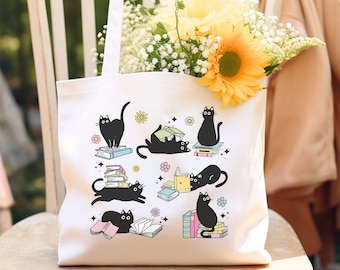 Funny Black Cats Tote Bag, Cats and Books Tote Bag, Book Lover Gift, Cat Lover Gift, Reusable Tote, Bookish Gift, Reading Lover Gift