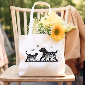 Floral Cat and Dog Canvas Tote Bag, Cat Mom Gift, Dog Mom Gift, Book Lover Gift, Floral Cat, Floral Tote Bag, Dog Lover Gift, Cat Lover Gift