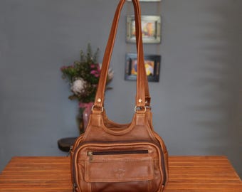 Bolso de mano compacto de piel con múltiples compartimentos, elegante bolso organizador para mujer, bolso clásico de tamaño mediano, múltiples bolsillos y compartimentos.