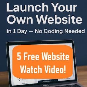 Peut inclure: Un ordinateur portable affiche un tutoriel de site web avec le texte "Lancez votre propre site web en 1 jour - Aucun codage requis". Une boîte orange sur l'écran indique "5 vidéos gratuites sur le site web !" L'image comprend également le texte "Guide étape par étape pour créer votre page de destination personnelle ou d'influenceur en utilisant Git-Hub Pages - gratuit et en direct en une seule journée."