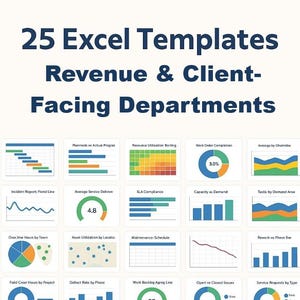 Puede incluir: Una imagen que muestra 25 plantillas de Excel para departamentos de ingresos y de cara al cliente. La imagen incluye varios gráficos, como gráficos de barras, gráficos circulares y gráficos de líneas, que ilustran la visualización de datos. El texto del título está en negrita azul.