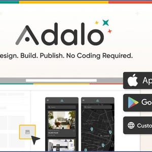 Puede incluir: El logotipo de Adalo se muestra con el texto «Design. Build. Publish. No Coding Required.» La imagen incluye iconos para App Store, Google Play y Custom Domain, además de maquetas de pantallas de aplicaciones móviles.