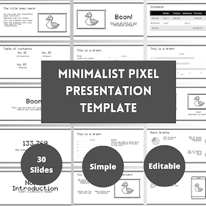 Pode incluir: Um modelo de apresentação minimalista de pixel em preto e branco com 30 slides. O modelo apresenta um gráfico de pato pixelado e o texto "Modelo de apresentação minimalista de pixel".