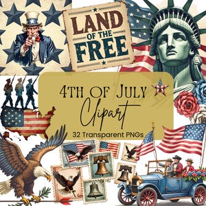 Clipart 4 juillet – Ensemble PNG Oncle Sam | 32 cliparts patriotique vintage | Images transparentes 300 ppp pour travaux manuels et sublimation