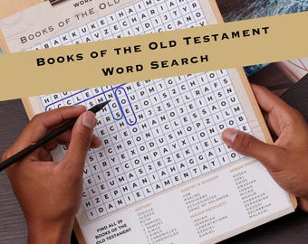 Peut inclure: Un jeu de mots croisés "Livres de l'Ancien Testament" sur un presse-papiers. Un crayon est utilisé pour encercler des mots dans la grille. Le jeu comprend une liste de livres et une grille de lettres.