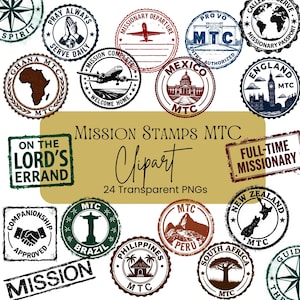 Missionary Stamp Clipart Bundle | 24 PNG Travel Stamps | LDS Mission Planner Stickers | Transparent PNG 300DPI Commercial Use