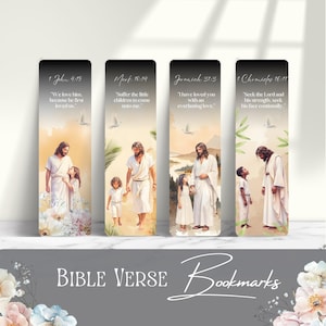 May include: Four colorful bookmarks with Bible verses and images of Jesus and children. The verses are: "We love him because he first loved us." (1 John 4:19), "Suffer the little children to come unto me." (Mark 10:14), "I have loved you with an everlasting love." (Jeremiah 31:3), and "Seek the Lord and his strength, seek his face continually." (1 Chronicles 16:11).