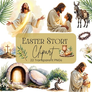 Imágenes prediseñadas de la historia de Pascua, acuarelas cristianas PNG de Pascua, Pascua mormona, Él ha resucitado, gráficos de Jesús, cruz cristiana, tumba de Jesús, cordero, burro