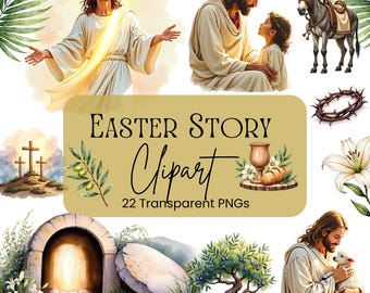Påskberättelse ClipArt, kristna påskvattenfärger PNG, LDS påsk, Han är uppstånden, Jesusgrafik, kristet kors, Jesu grav, lamm, åsna