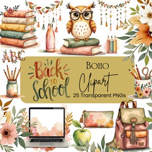 Lot de cliparts pour la rentrée | Esthétique bohème | 25 PNG aquarelles | Fournitures scolaires Earthy Kids, Décoration de salle de classe d'automne, Usage commercial