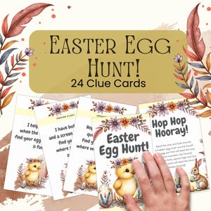 Tarjetas de pistas para la búsqueda de huevos de Pascua en interiores y exteriores / 24 tarjetas de pistas / Descarga digital / Actividad de Pascua para niños / Búsqueda del tesoro de Pascua