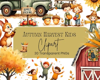 Autumn Harvest for Kids Clipart Bundle | 30 Watercolor Fall Harvest PNGs | Pumpkins, Leaves, Barn, Farm Truck | Commercial Use | 300 DPI