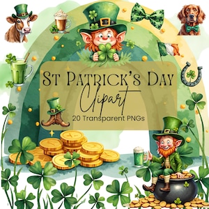 May include: A set of 20 St. Patrick's Day clipart images featuring a leprechaun, shamrocks, gold coins, a pot of gold, a cow, a horseshoe, and a rainbow. The images are in a watercolor style and have a green, gold, and white color scheme.