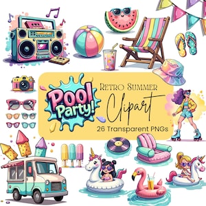 Lot de cliparts été rétro | Fête à la piscine | Esthétique des années 90 pour l'an 2000 | 26 PNG | Ambiance pastel lumineuse | Utilisation commerciale | Boombox, camion de crème glacée