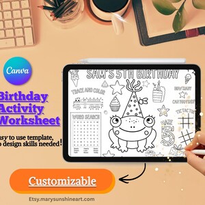 Könnte beinhalten: Ein digitales Geburtstag-Arbeitsblatt auf einem Tablet, mit einem Frosch mit Partyhut, Sternen und einem Wortsuchrätsel. Der Text lautet "Sams 5. Geburtstag" und "Nachzeichnen und Ausmalen". Das Canva-Logo und "Anpassbar" sind ebenfalls sichtbar.