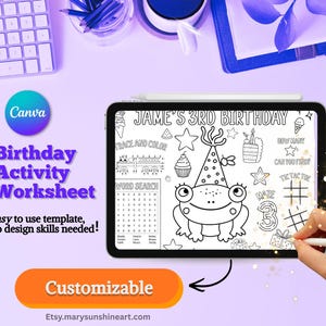 Può includere: Un modello digitale di foglio di lavoro per attività di compleanno su un tablet, con una rana con un cappello da festa, stelle e un cruciverba. Il testo recita "Jame's 3rd Birthday" e "Birthday Activity Worksheet". Il modello è personalizzabile.