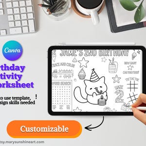 Op de afbeelding: Een digitaal verjaardagsactiviteitenwerkblad op een tablet, met een kat met een feesthoed en een taart. Het werkblad bevat een woordzoeker, een doolhof en andere activiteiten. De tekst luidt "Jame's 2nd Birthday" en "Customizable".