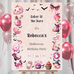 Pink Halloween Birthday Party Welcome Signs - Set of 3 Festive Decor for Spooky Celebrations  BDPH01