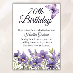 Purple Floral 70th Birthday Invitation Template (Digital Download) S01