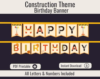 Banner de cumpleaños con temática de construcción: Decoración para fiestas imprimible (Descarga digital) CBD01
