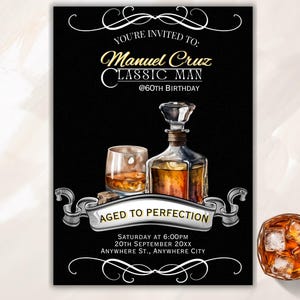 60th Whiskey Birthday Invitation, Whiskey Themed Digital Party Invite, Editable Men Birthday Invite, AW01