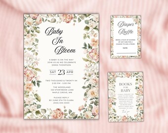 Floral Baby Shower Invitation Bundle: Baby In Bloom Theme (Digital Download, Canva Template) BSBB01