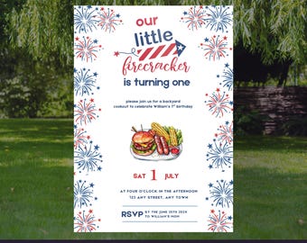 Firecracker 1st Birthday Invite: Red, White, & Blue (Digital Download) FBLF01