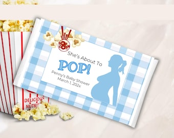 Editable Blue Gingham Baby Shower Popcorn Wrapper: She's About to Pop (Digital Download) BSBG01