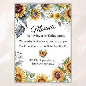 Sunflower Birthday Invitation | Fall Floral Party Invite | Print & Digital Invite for Kids or Adults SF01