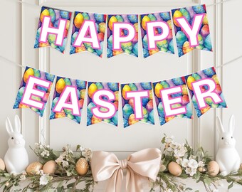 Happy Easter Banner | Bright Colored Easter Eggs Background | Festive Decor for Spring Celebrations & Events