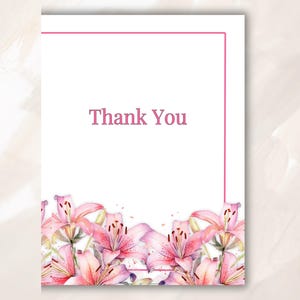 Hermosas tarjetas de agradecimiento con lirios rosados / Elegante papelería floral para bodas y ocasiones especiales WA30
